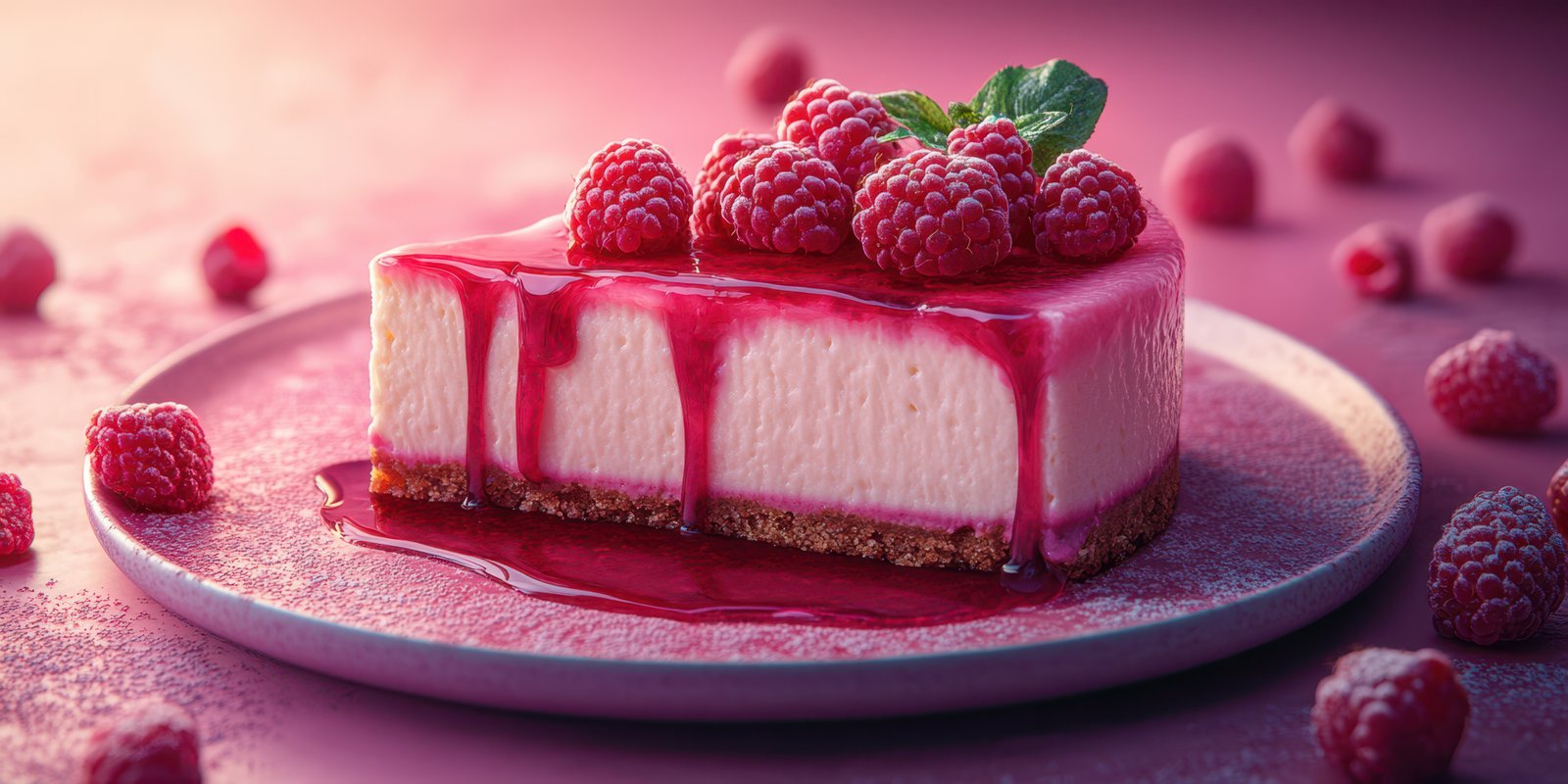 Delicious raspberry cheesecake served on a plate with fresh fruit and sauce at a dessert cafe